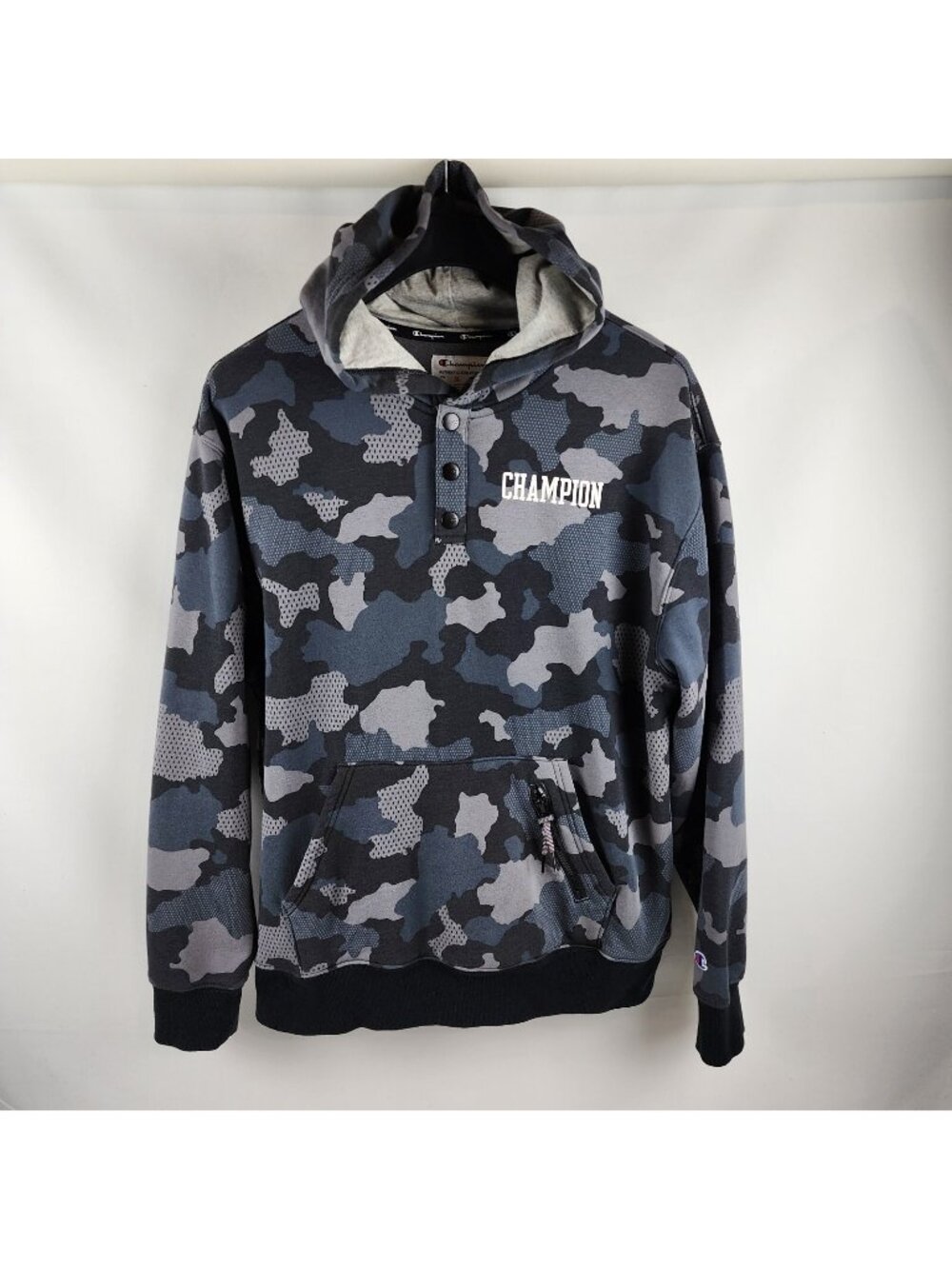 Champion Camo Hoodie Mens Large Gray Black Multicolor 1/4 Snap